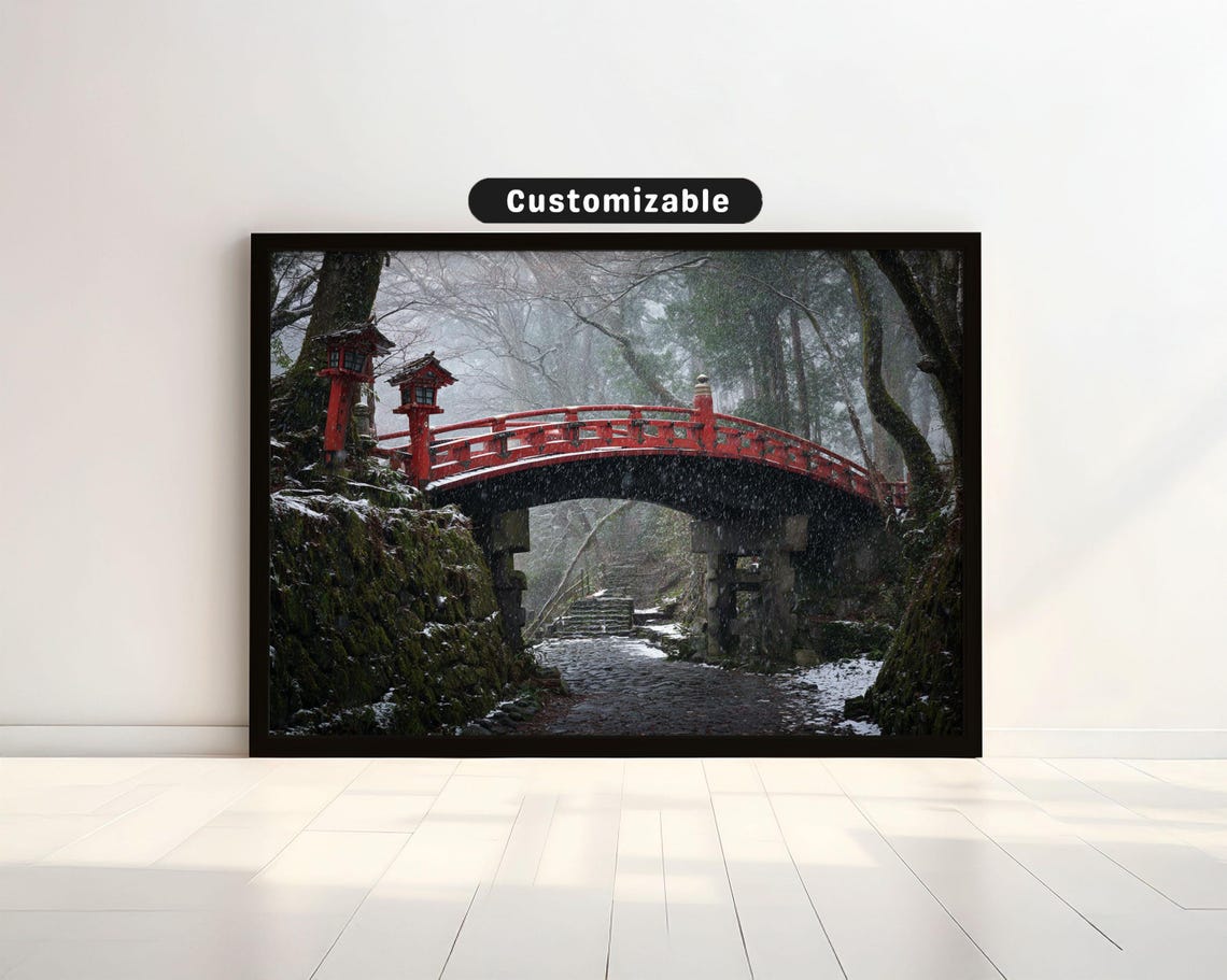 Red Japanese Bridge in Falling Snow Winter Garden Photo Poster