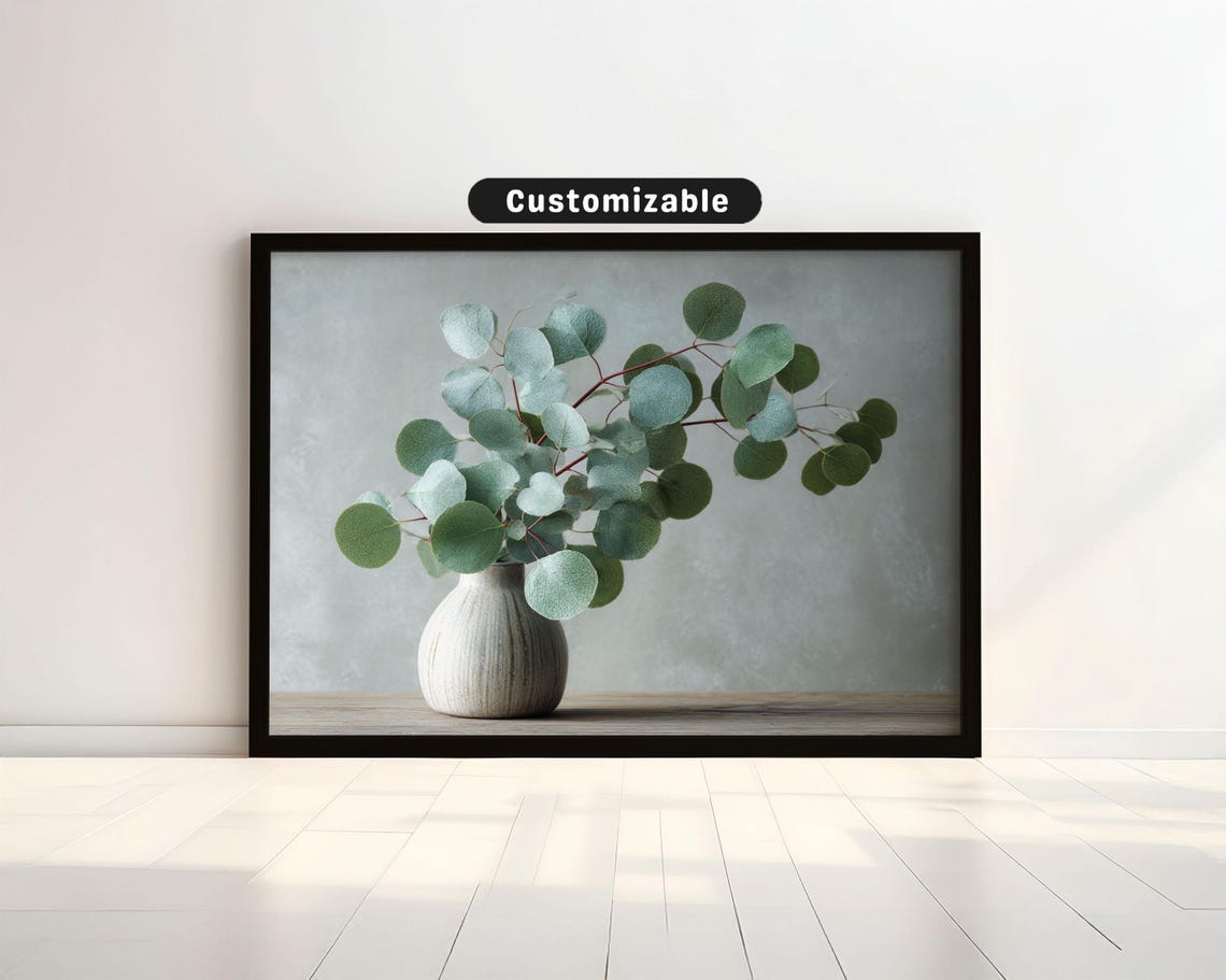 Eucalyptus Sprig With Delicate Round Leaves In Muted Green Botanical Wall Art Neutral Minimal Print