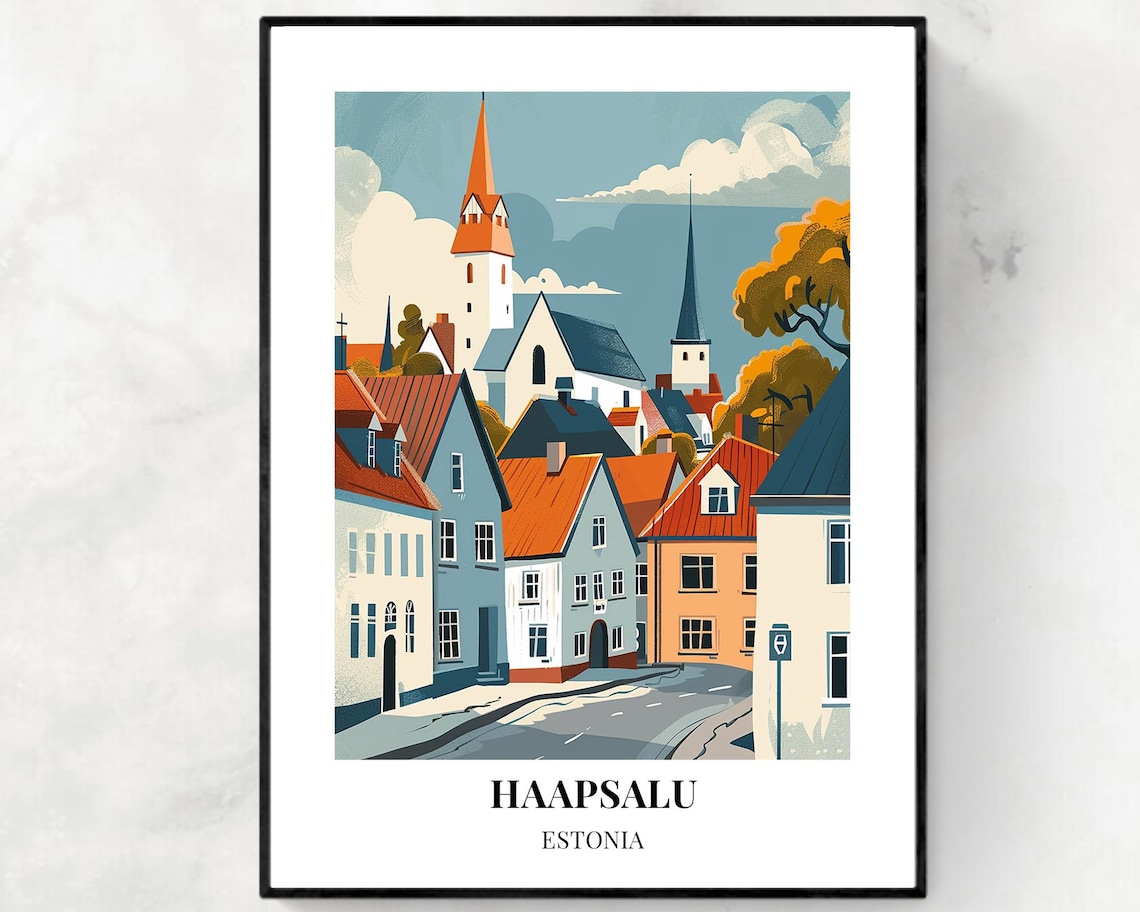 Haapsalu Estonia Retro Old Town Church Steeples Street Travel Poster