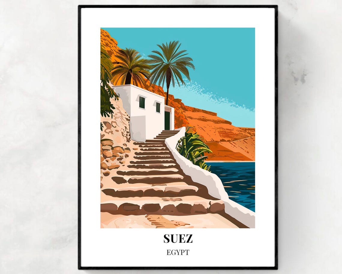 Suez Egypt White Steps Sea Cliff Travel Poster for Travel Lovers