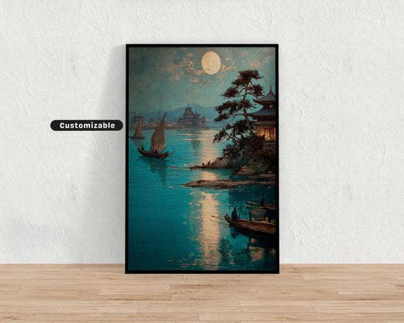 Japanese Moonlit Seascape With Boats And Temple In Distance Wall Art Print Zen Asian Decor