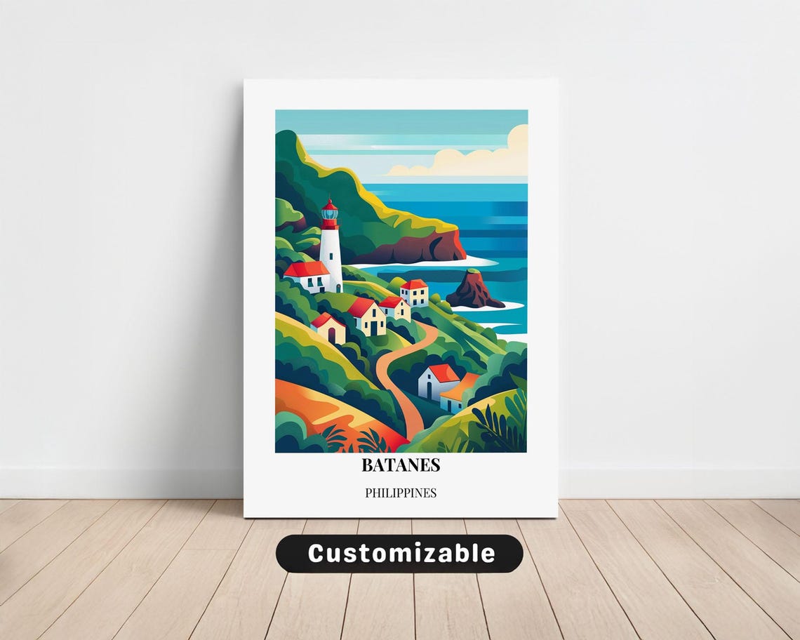 Batanes Philippines Lighthouse Village Retro Coastal Travel Art Poster