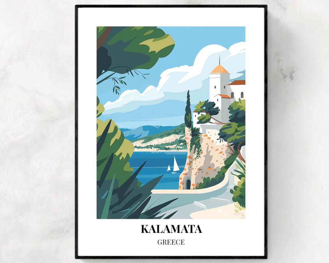 Kalamata Greece Cliffside Villa Sailboat Seaside Travel Poster