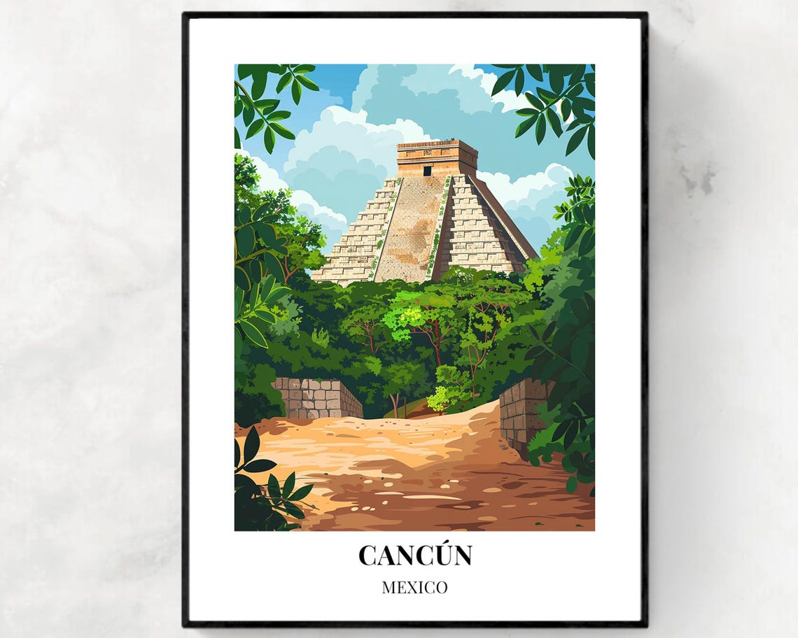 Cancun Mexico Poster with Chichen Itza Pyramid Above the Jungle