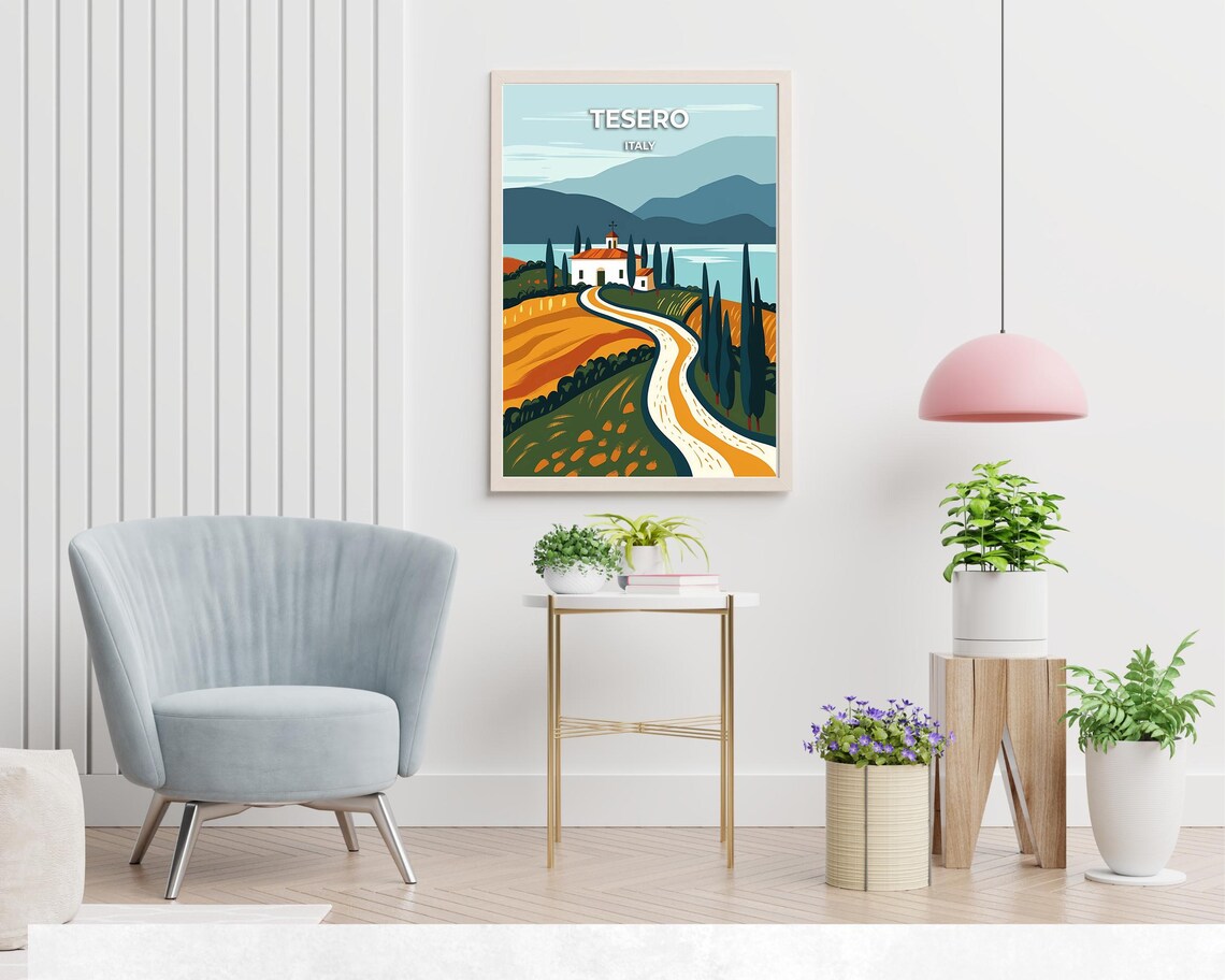 Tesero Italy Chapel Cypress Lake Winding Road Hills Travel Poster - Image 2