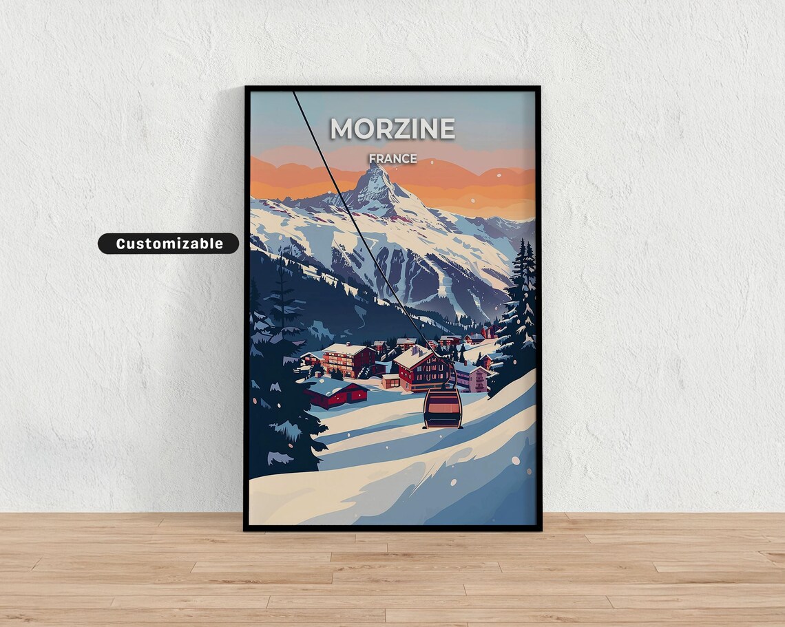 Morzine France Snowy Ski Village Gondola Alpine Travel Poster