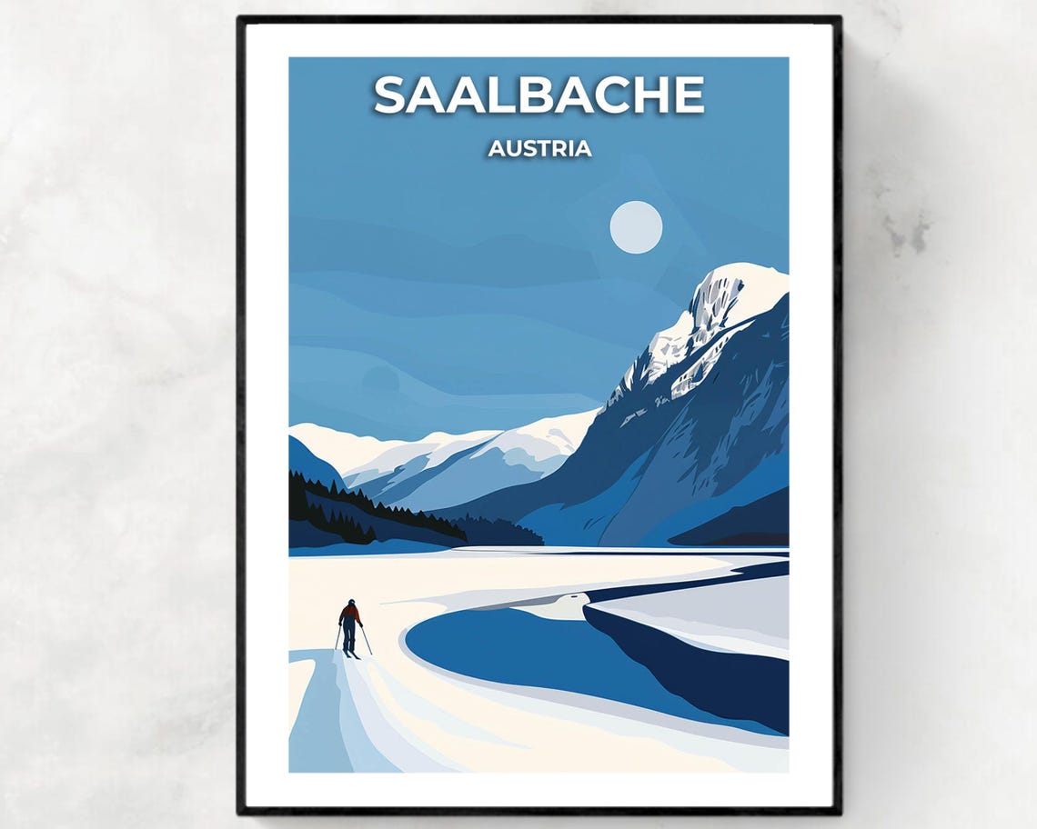 Saalbache Austria Nordic Ski Trail Winter Mountain Scene Poster