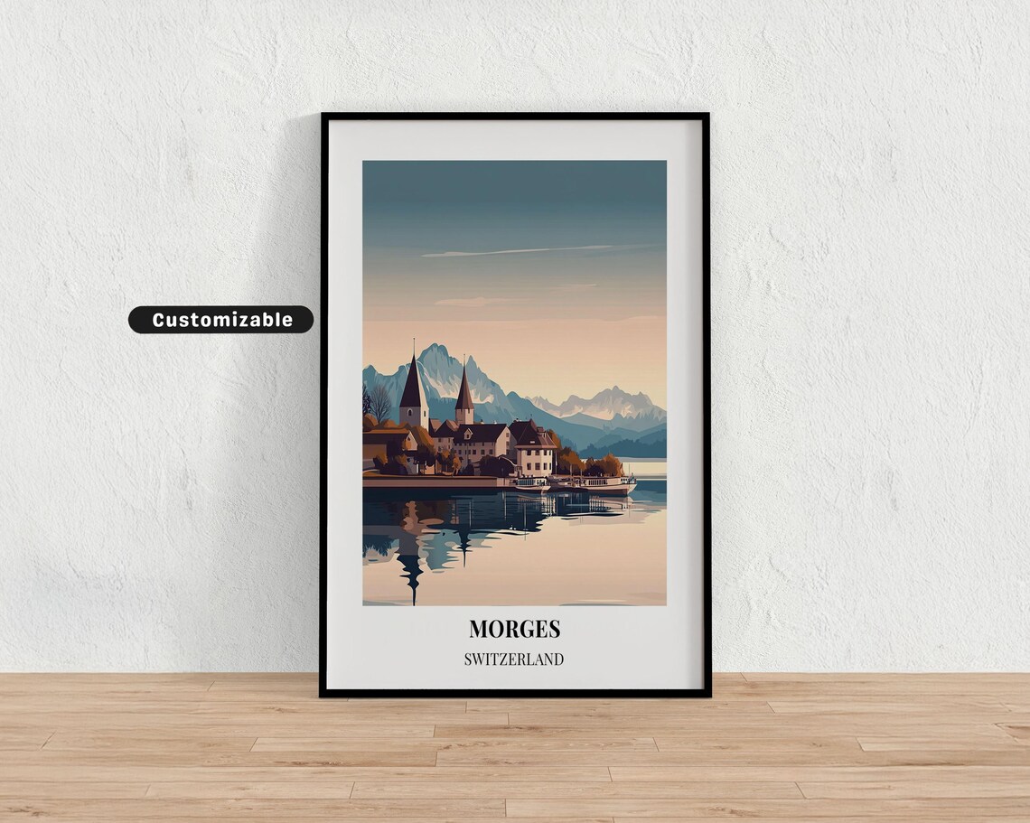 Morges Switzerland Travel Poster Lake Reflection Alpine Sunset Art
