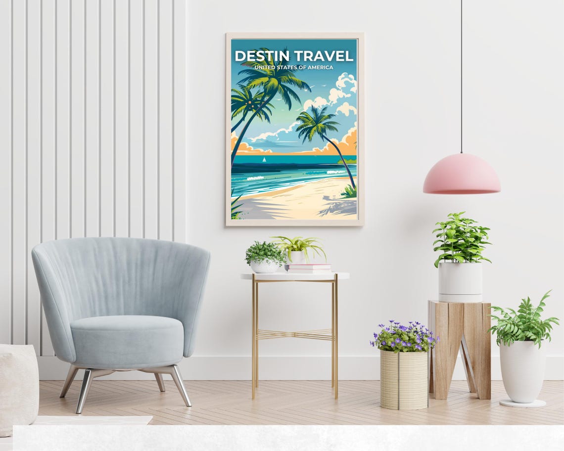 Destin Travel Florida Sunset Palms Beach Overlay Title Poster - Image 2