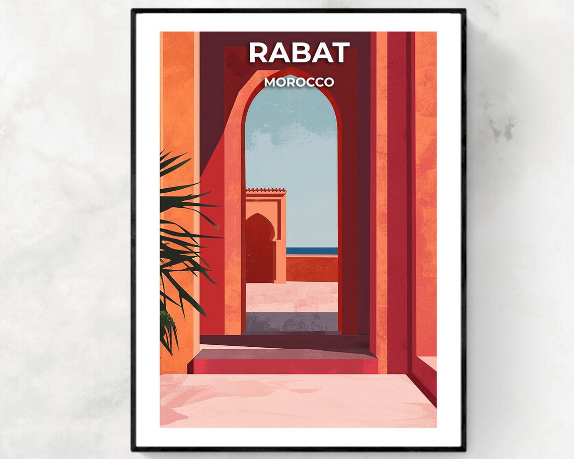 Rabat Morocco Moorish Archway Framing Sea View Travel Poster
