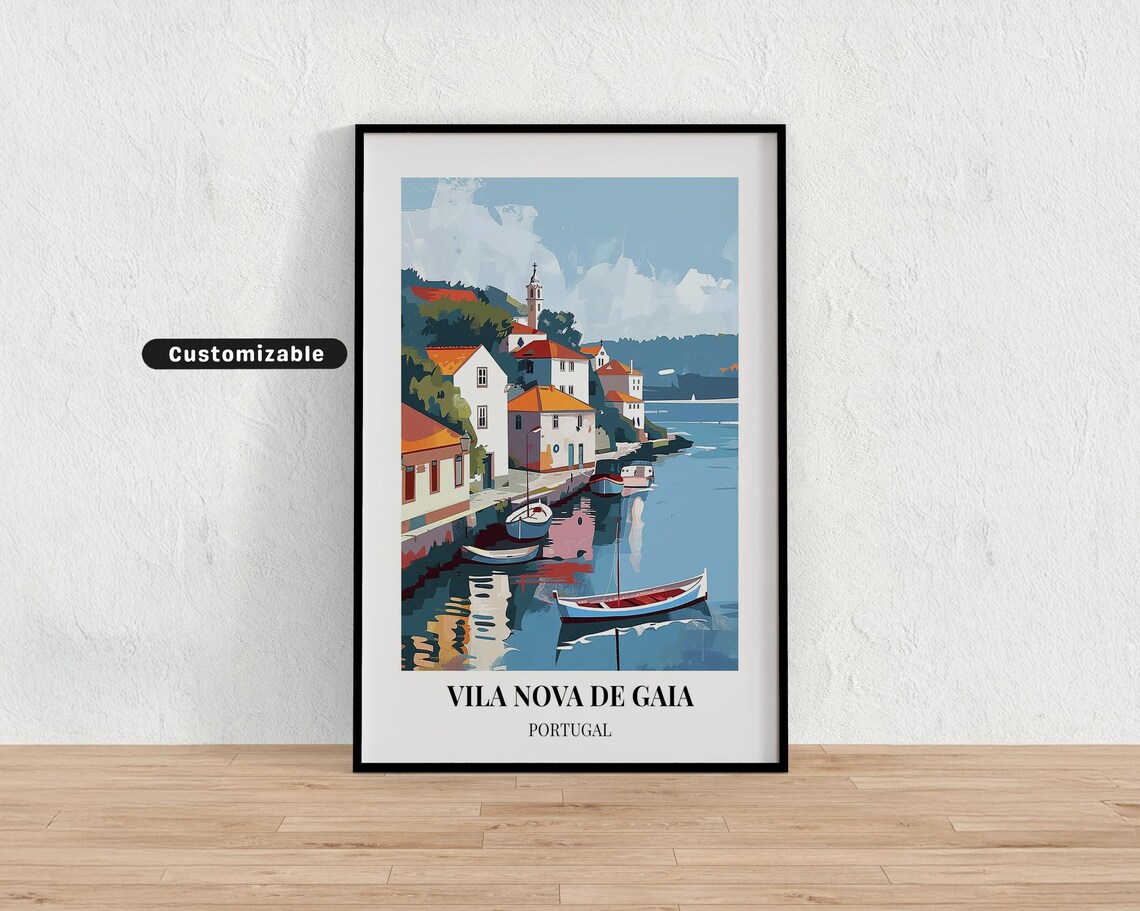 Vila Nova De Gaia Portugal Coastal Village Boats Travel Poster