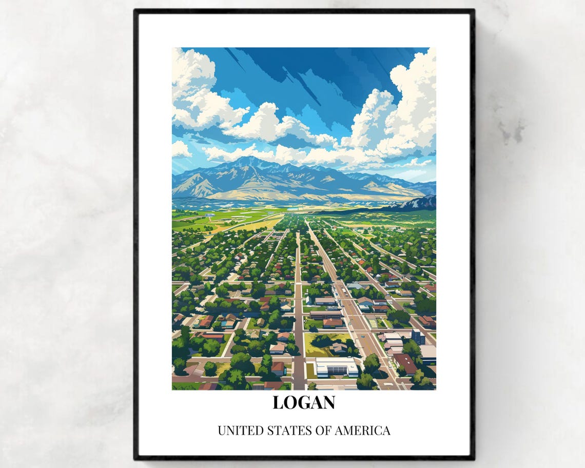 Logan Utah City Grid Aerial Valley Mountain Vintage Travel Poster