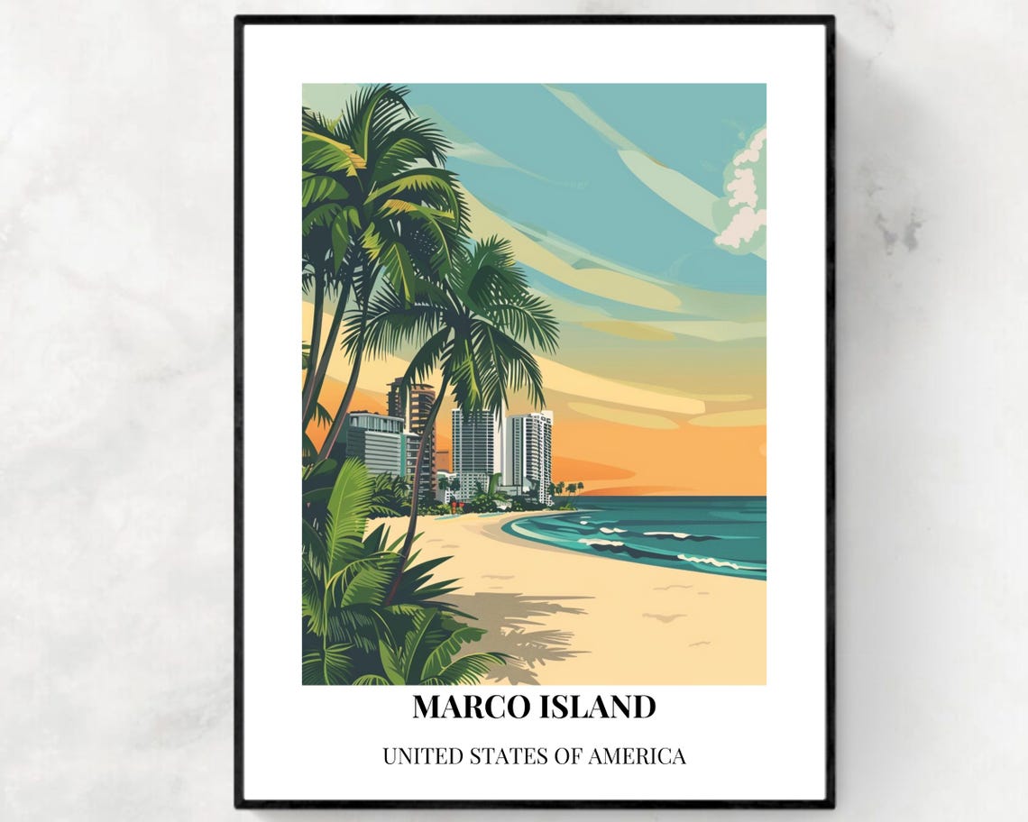 Marco Island Florida Tropical Beach Skyline Vintage Travel Poster