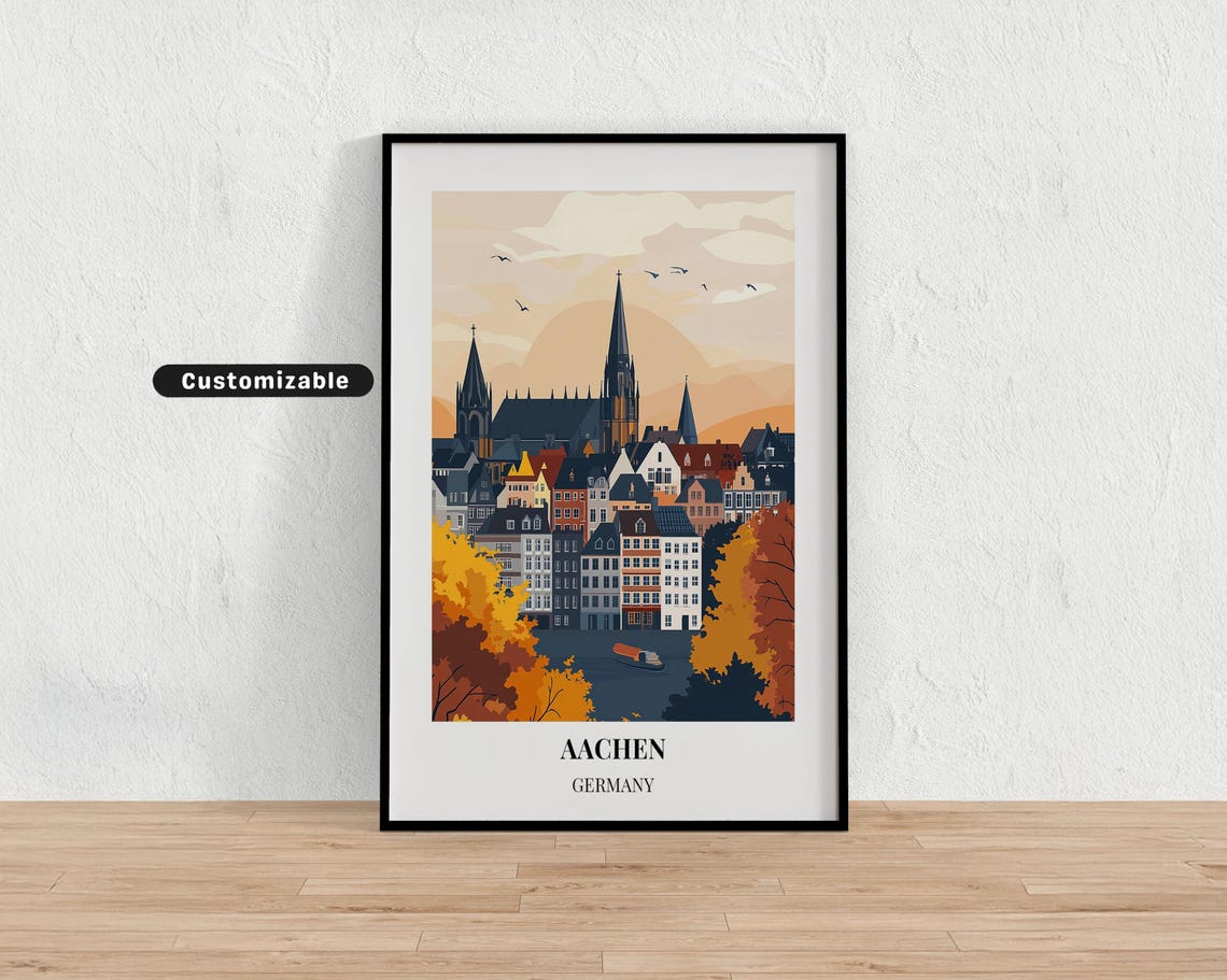 Aachen Germany Cathedral Skyline Autumn Retro City Travel Poster