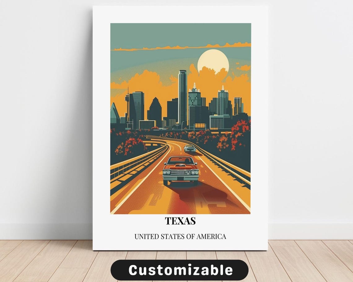 Retro Texas Highway Sunset Skyline Classic Muscle Car Poster