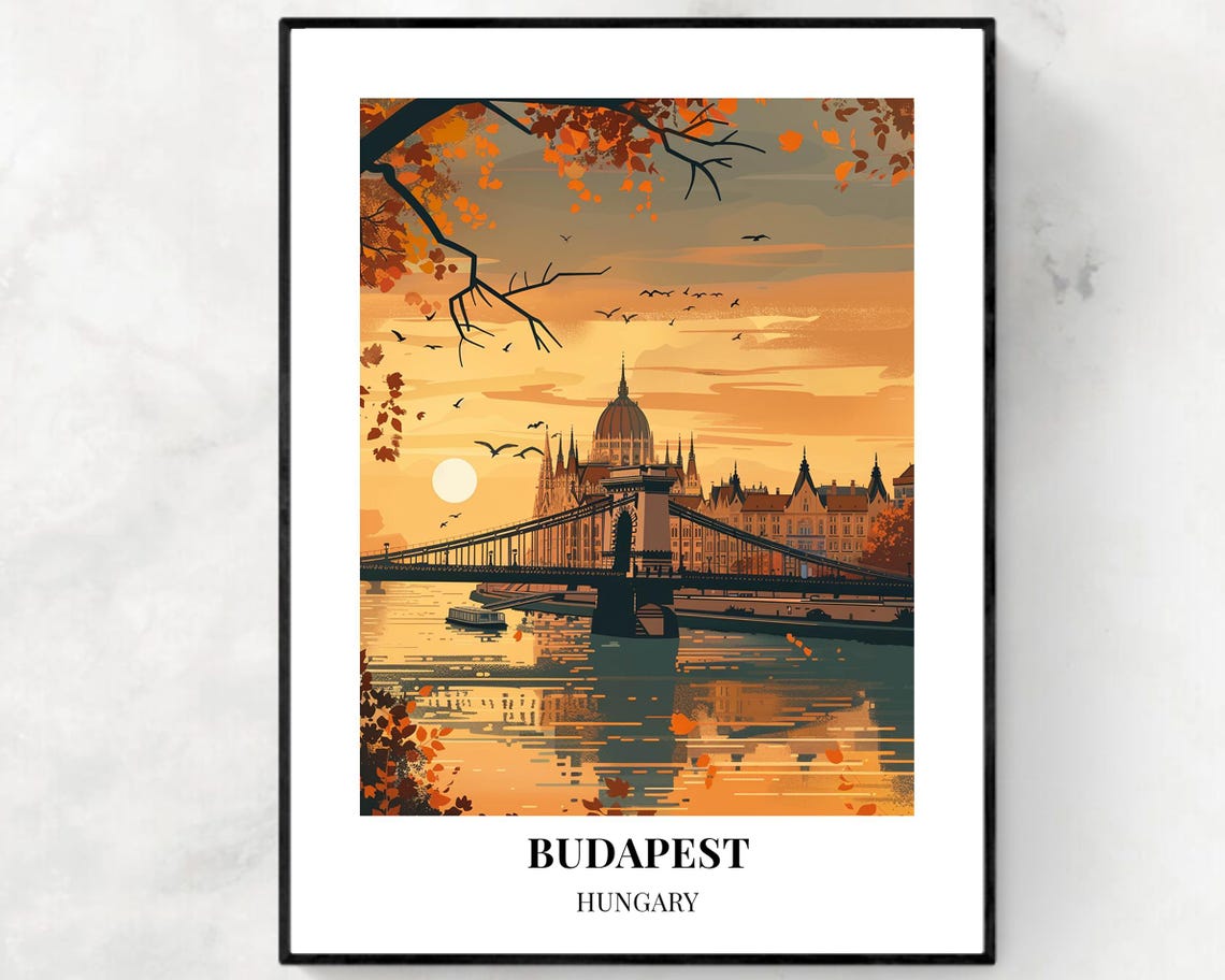 Budapest Hungary Chain Bridge Autumn Sunset Vintage Travel Poster