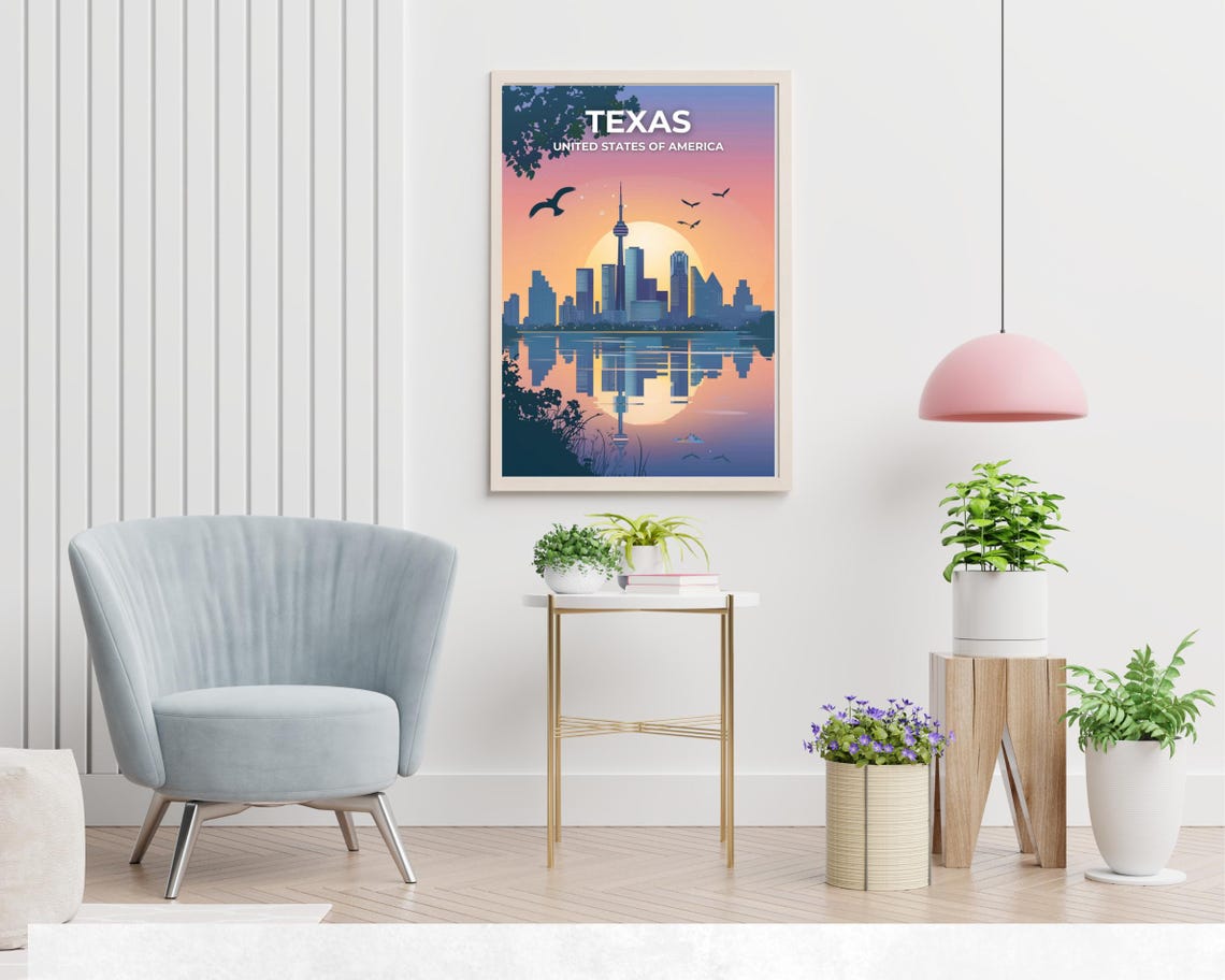 Texas Sunset Skyline Tower River Reflection Top Title Travel Poster - Image 2