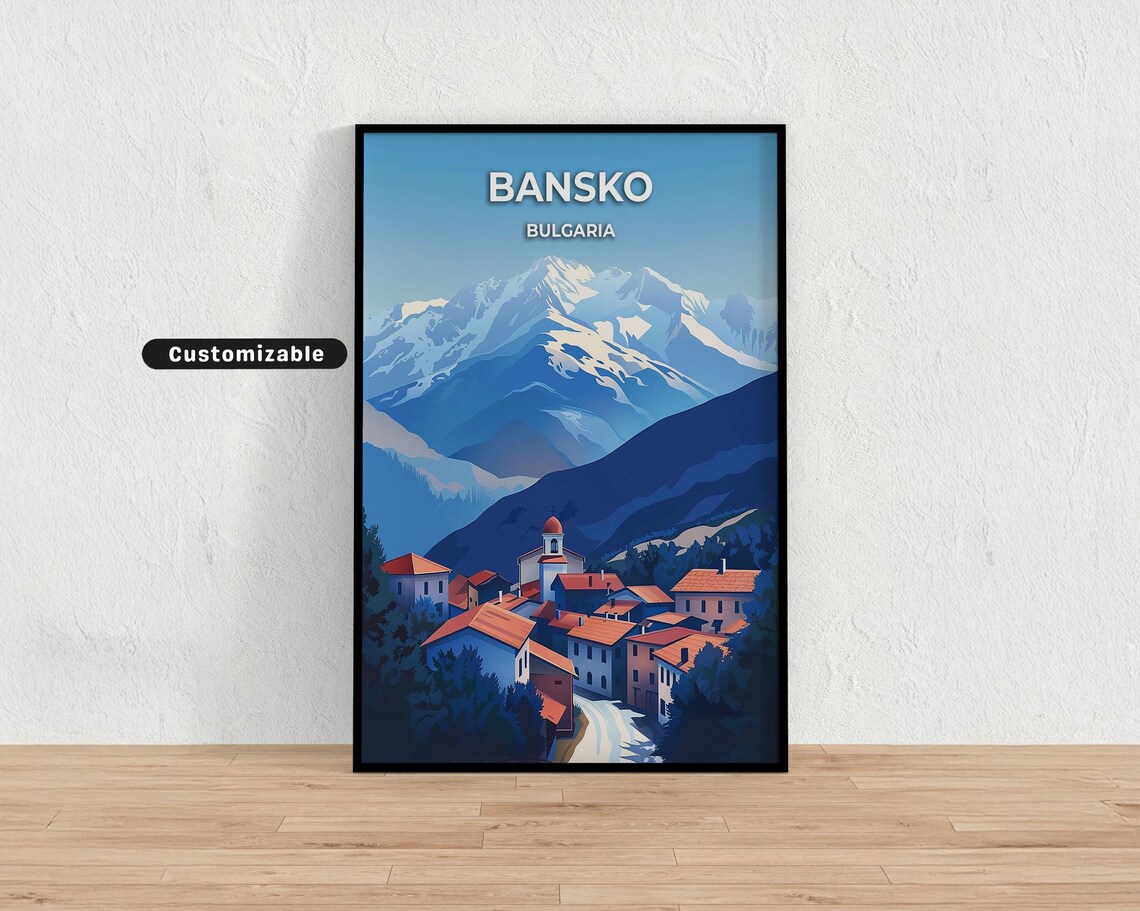 Bansko Bulgaria Snowy Mountain Ski Village Retro Travel Poster