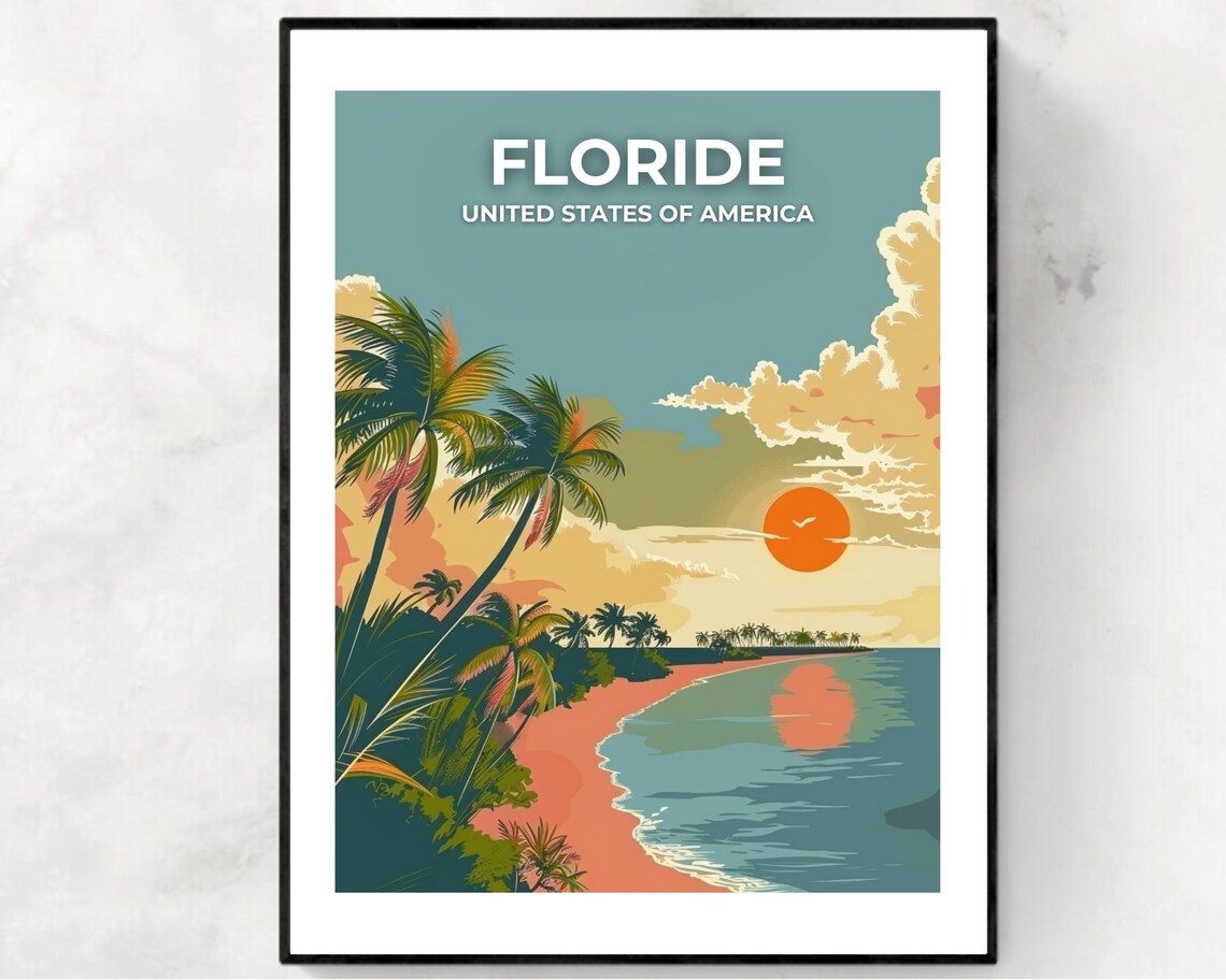 Florida Tropical Beach Sunset Scenic Travel Poster With Sky Title