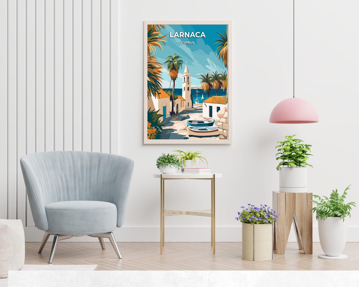 Larnaca Harbor With Palms Boats and Church Tower Travel Poster - Image 2