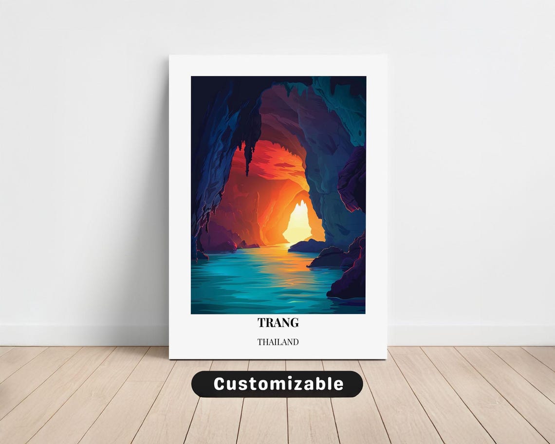 Trang Thailand Emerald Cave Turquoise Sunset Sea Arch Travel Poster