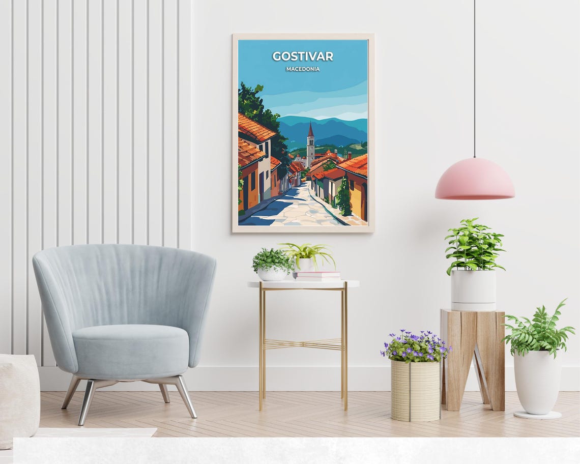 Gostivar Cobblestone Street with Church Tower Macedonia Poster - Image 2