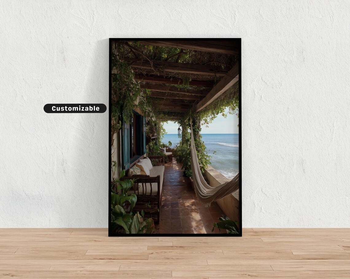 Veranda With Hammock Ocean View Lush Tropical Garden Wall Art Relaxing Decor Print