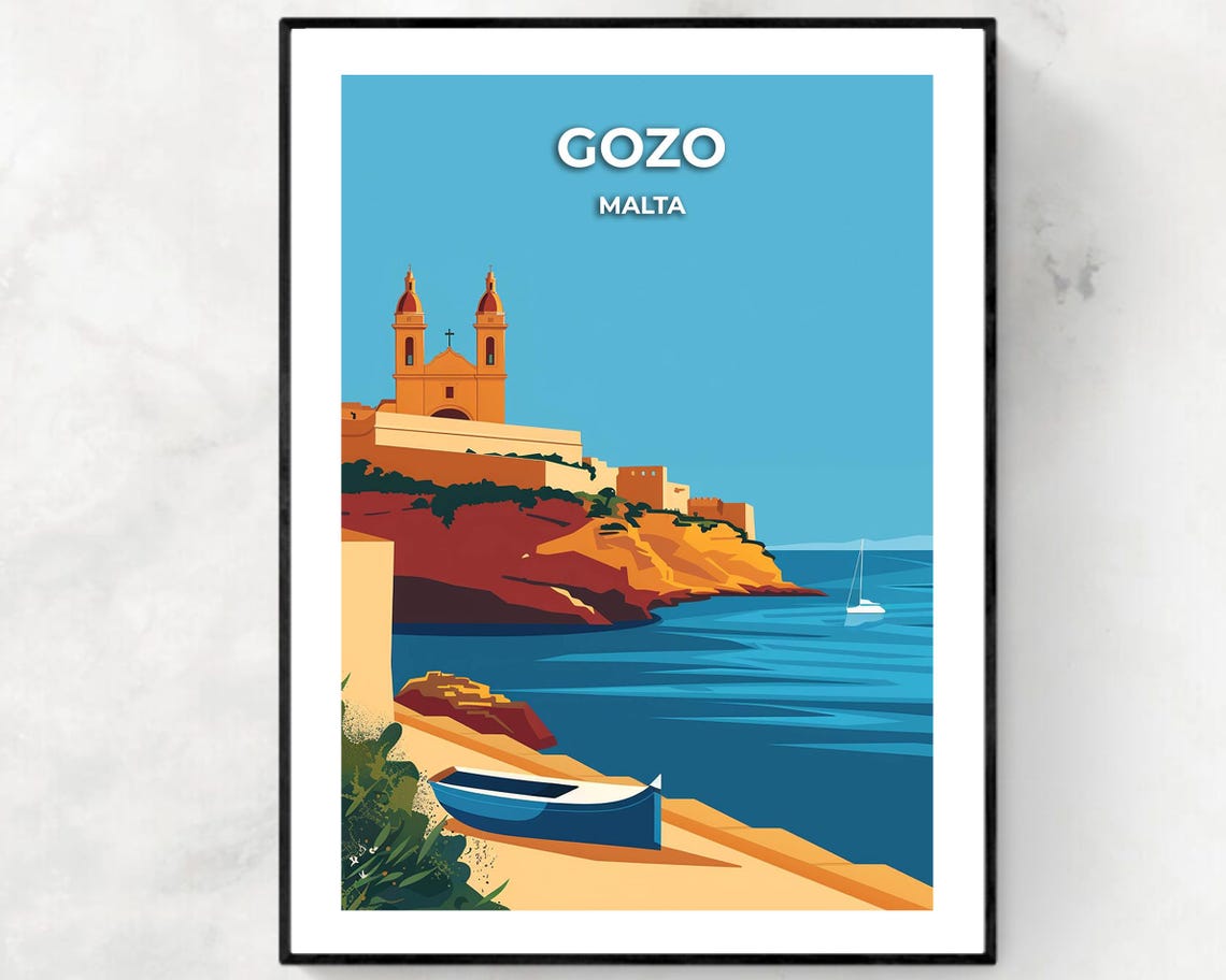 Gozo Malta Coastal Cliffs Church Mediterranean Sea Travel Poster