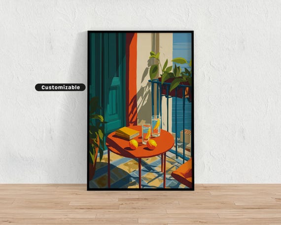 Balcony Table With Lemon Water And Book In Mediterranean Sun Colorful Wall Art Tropical Illustration Print Modern Boho H