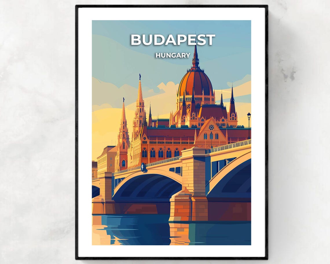 Budapest Hungary Parliament Building and Bridge Sunset Travel Poster