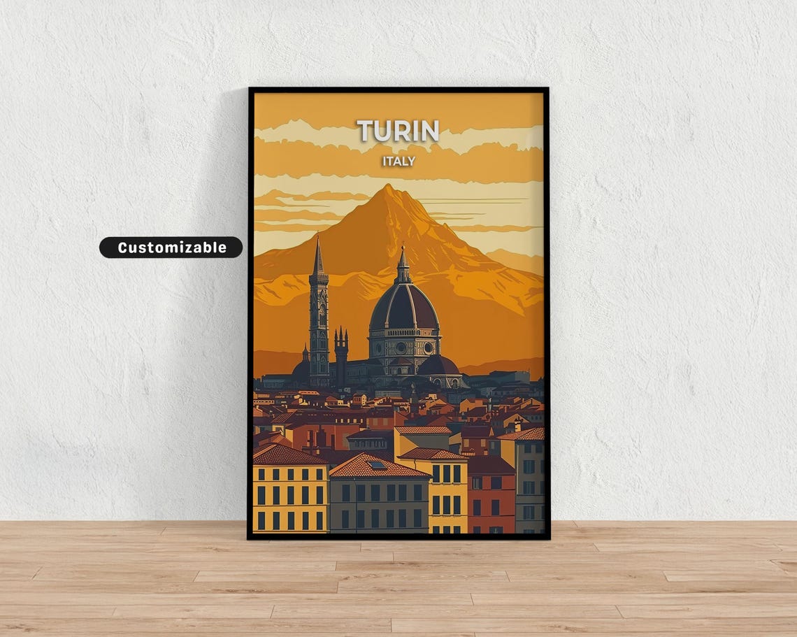 Turin Italy Customizable Sunset Travel Poster Cathedral Skyline Art
