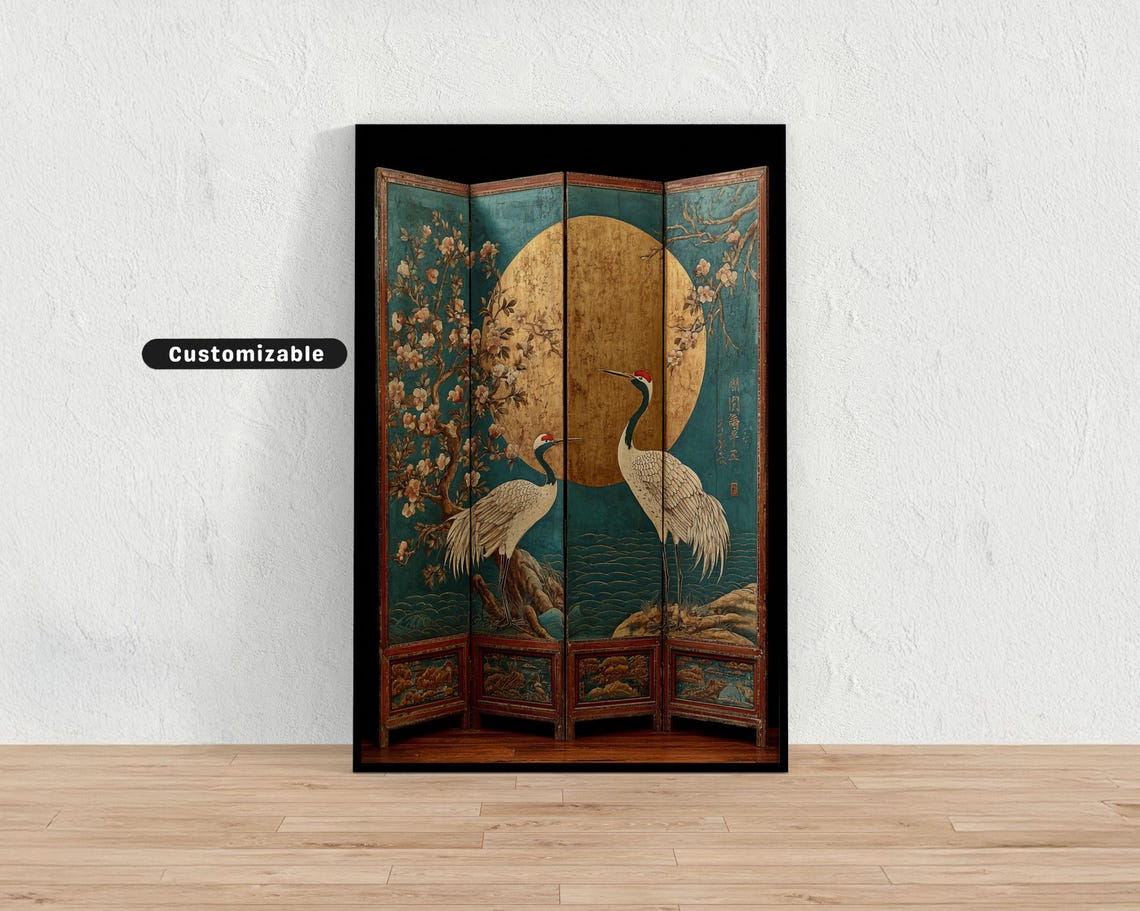 Japanese Folding Screen Two Cranes Golden Moon Teal Floral Art Print