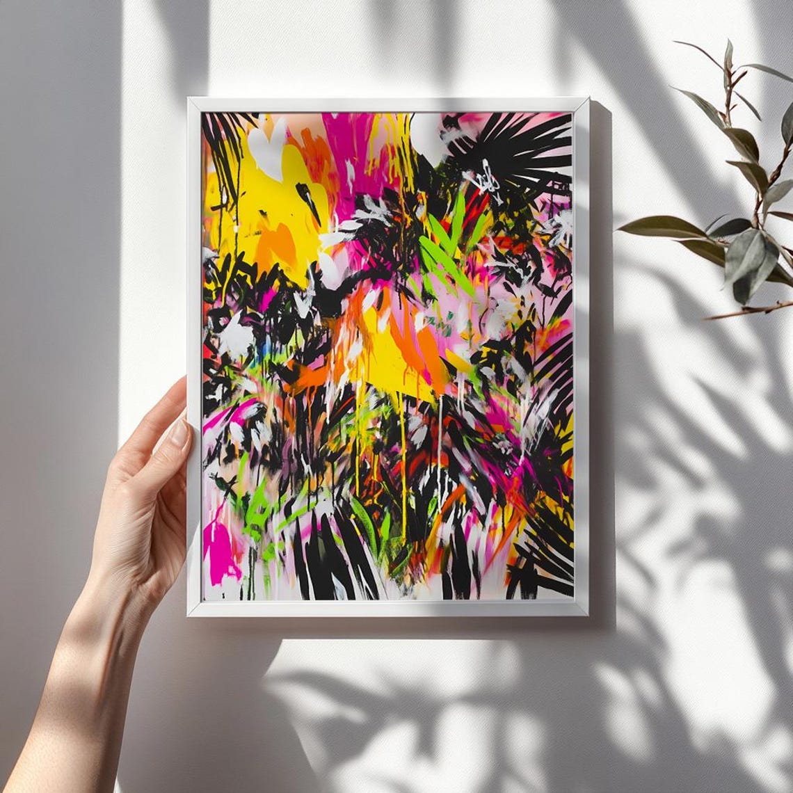 Neon Graffiti Jungle Painting Bold Abstract Wild Foliage Art Vibrant Palm Trees Paint Splatter Urban Expressionist Wall Decor - Image 3