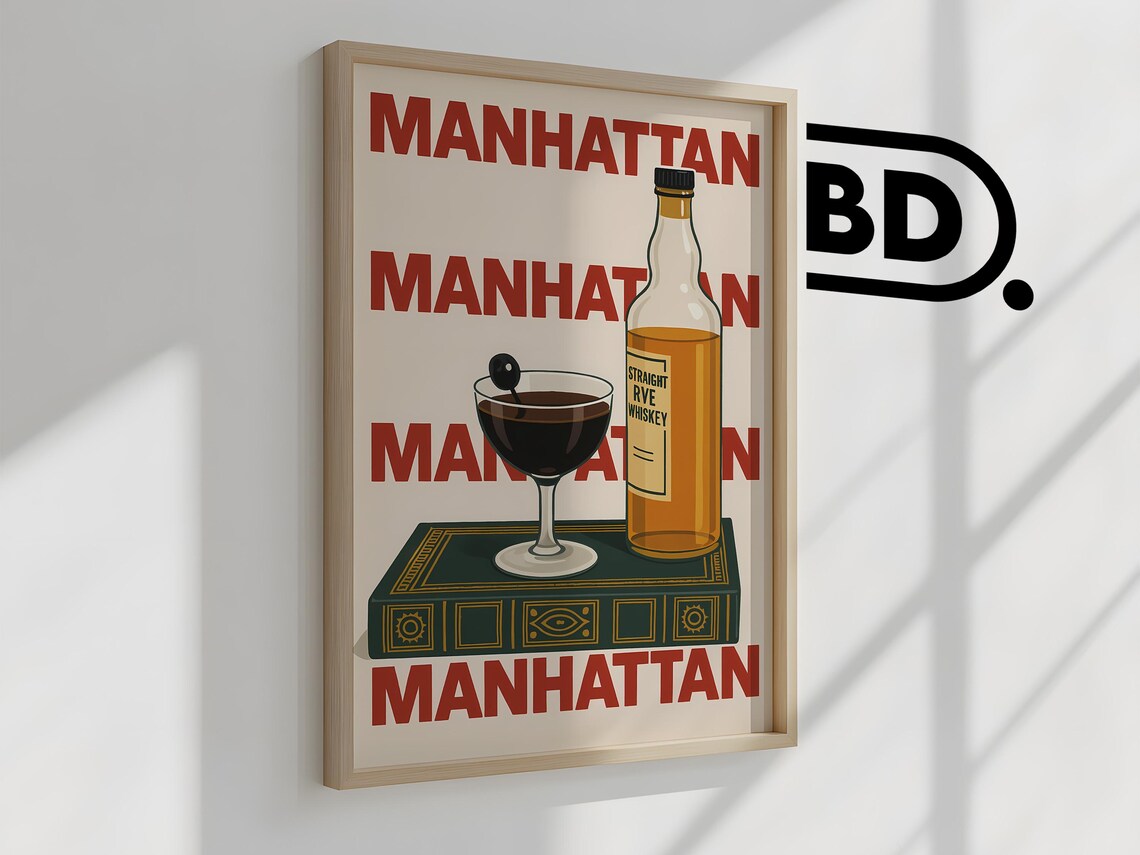 Retro Manhattan Cocktail Poster With Rye Bottle And Coupe Glass - Image 2