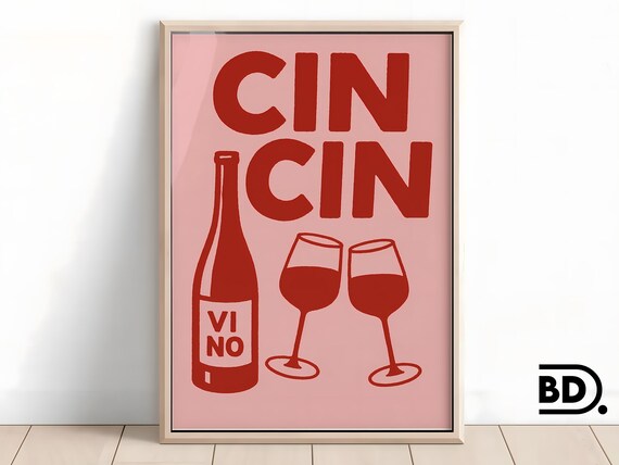 Cin Cin Vino Bottle And Two Wine Glasses In Red On Pink Wall Art