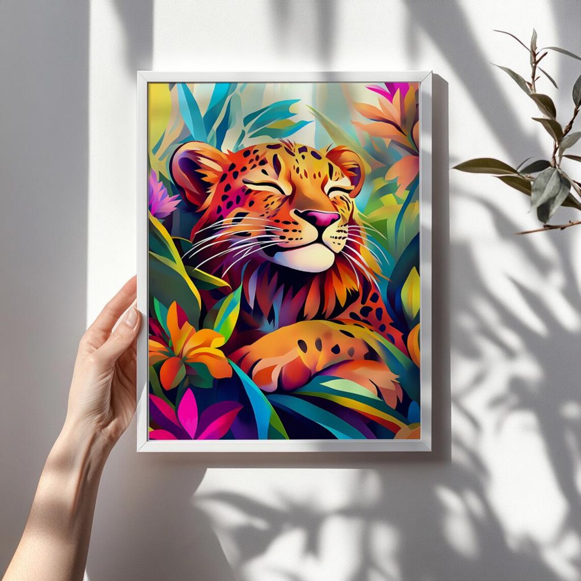 Sleepy Leopard Cub in a Tropical Flower Jungle Portrait Poster - Image 3