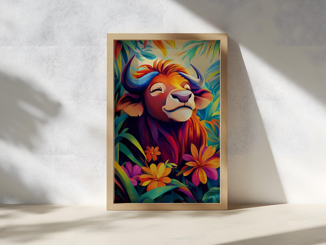 Smiling Buffalo Portrait in a Colorful Tropical Flower Jungle Poster - Image 2