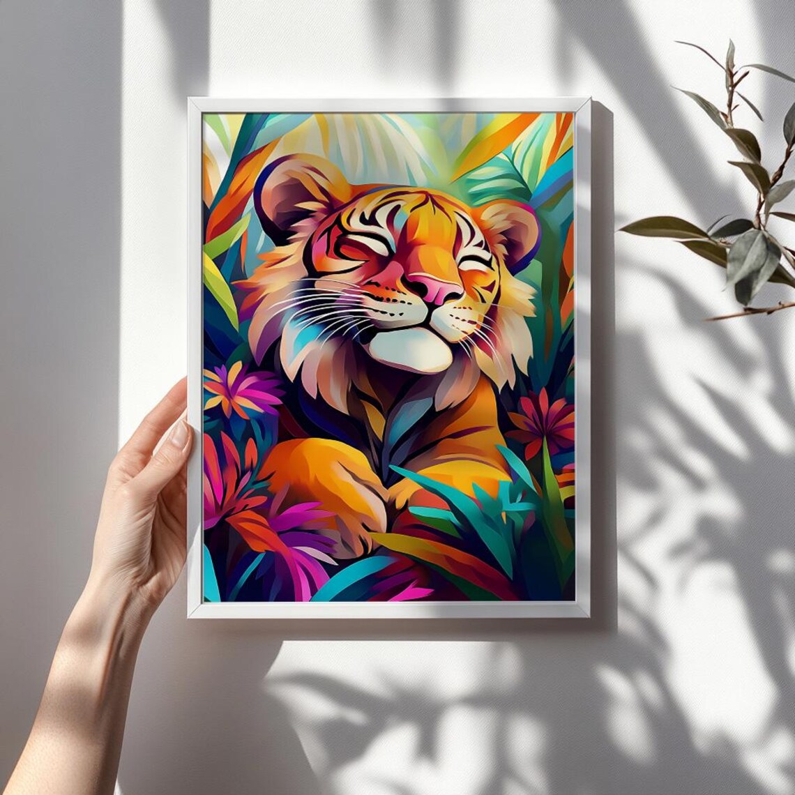 Smiling Tiger Colorful Jungle Floral Animal Portrait Wall Art - Image 3