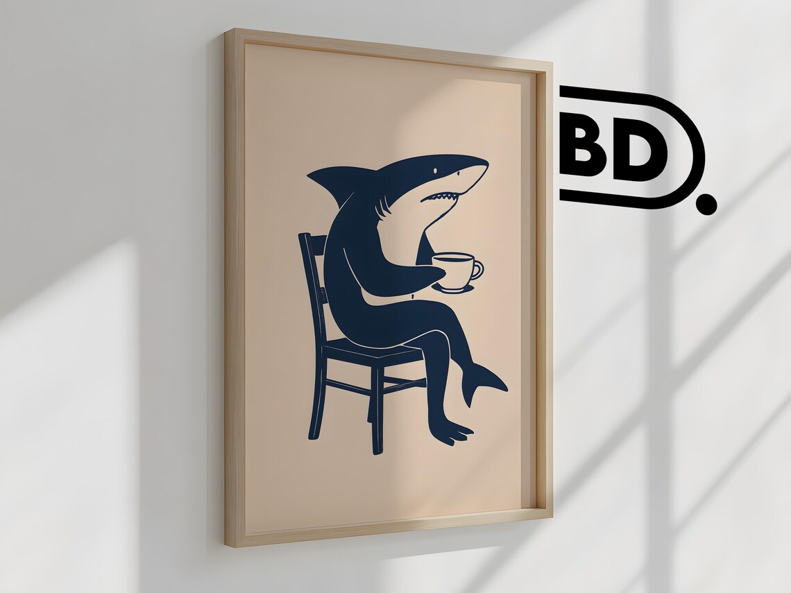 Shark Drinking Coffee Vintage Etching Style Quirky Kitchen Wall Art - Image 2