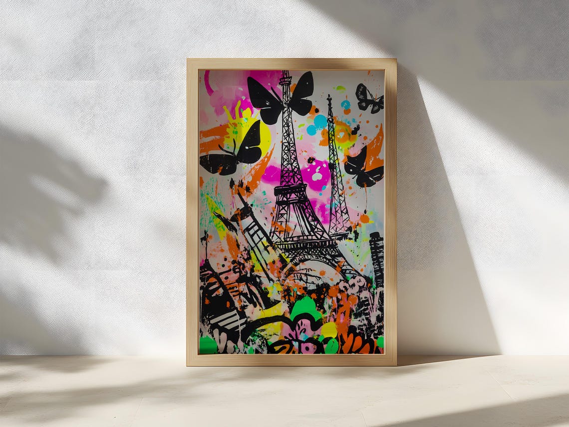 Neon Pop Art Eiffel Tower Bold Butterfly Urban Graffiti Painting Vibrant Paris Street Scene Modern Cityscape Artwork - Image 2