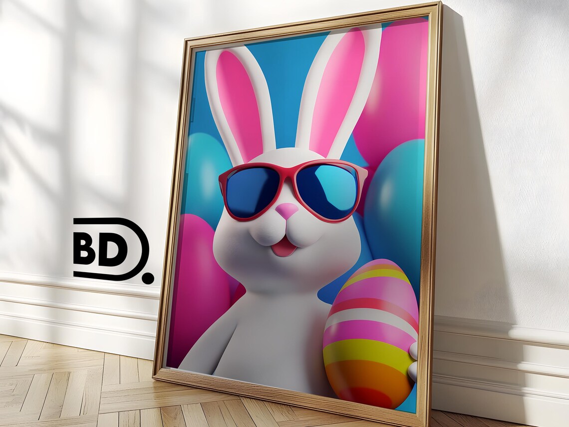 Easter Bunny in Sunglasses Egg Balloons Cute 3D Animal Poster - Image 3