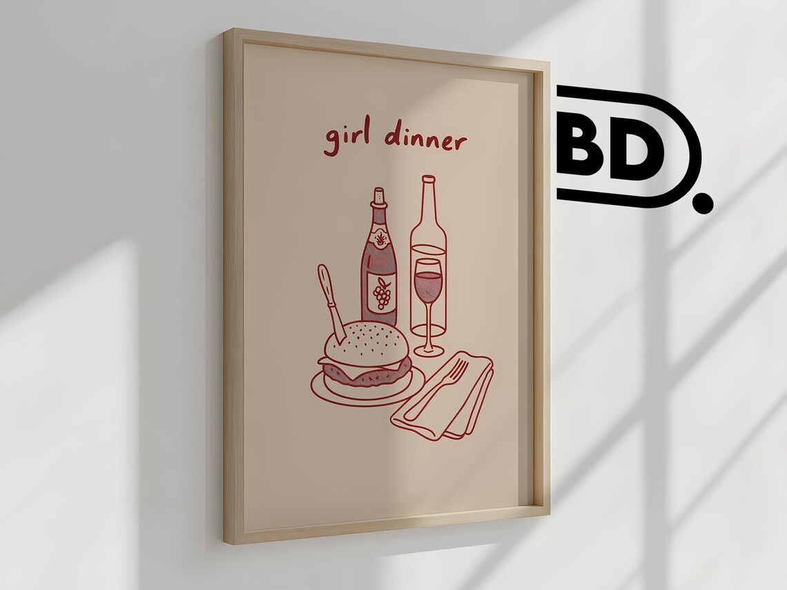 Girl Dinner Hand Drawn Burger And Wine Red Line Art Kitchen Poster - Image 2