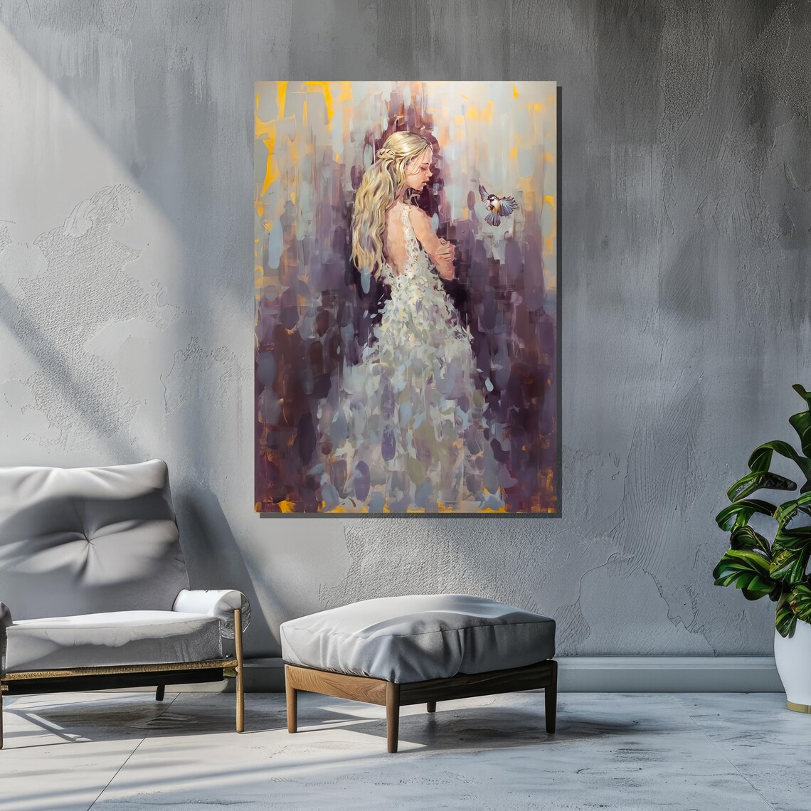 Woman And Bird Impressionist Painting, Dreamy Artwork - Image 2