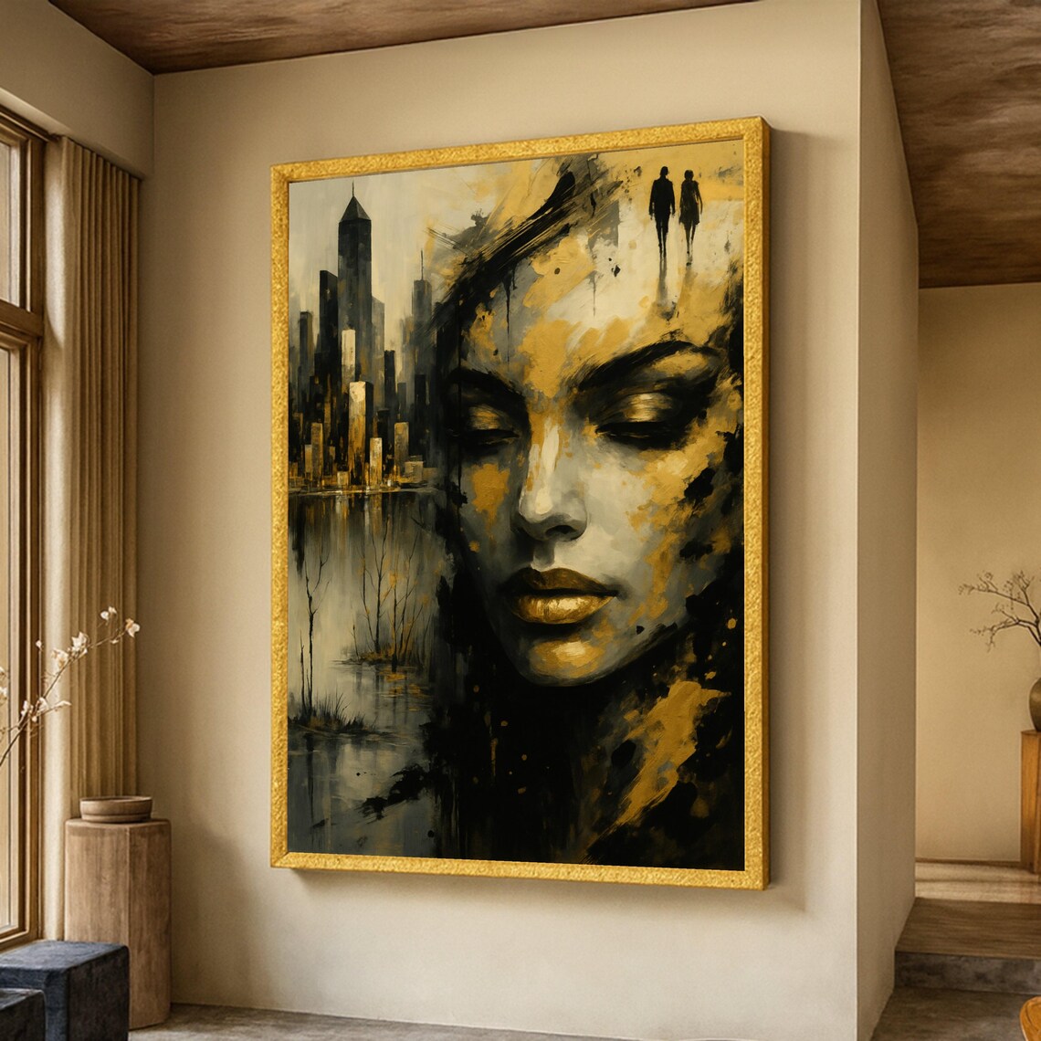 Golden Woman Face Cityscape Surreal Black Gold Urban Art Poster