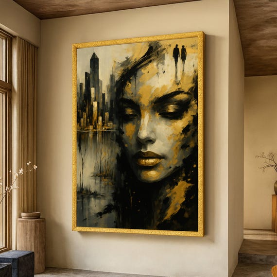 Abstract Cityscape With Golden Woman Face Canvas Modern Urban Art Surreal Portrait Wall Contemporary Home Decor Ready To Hang