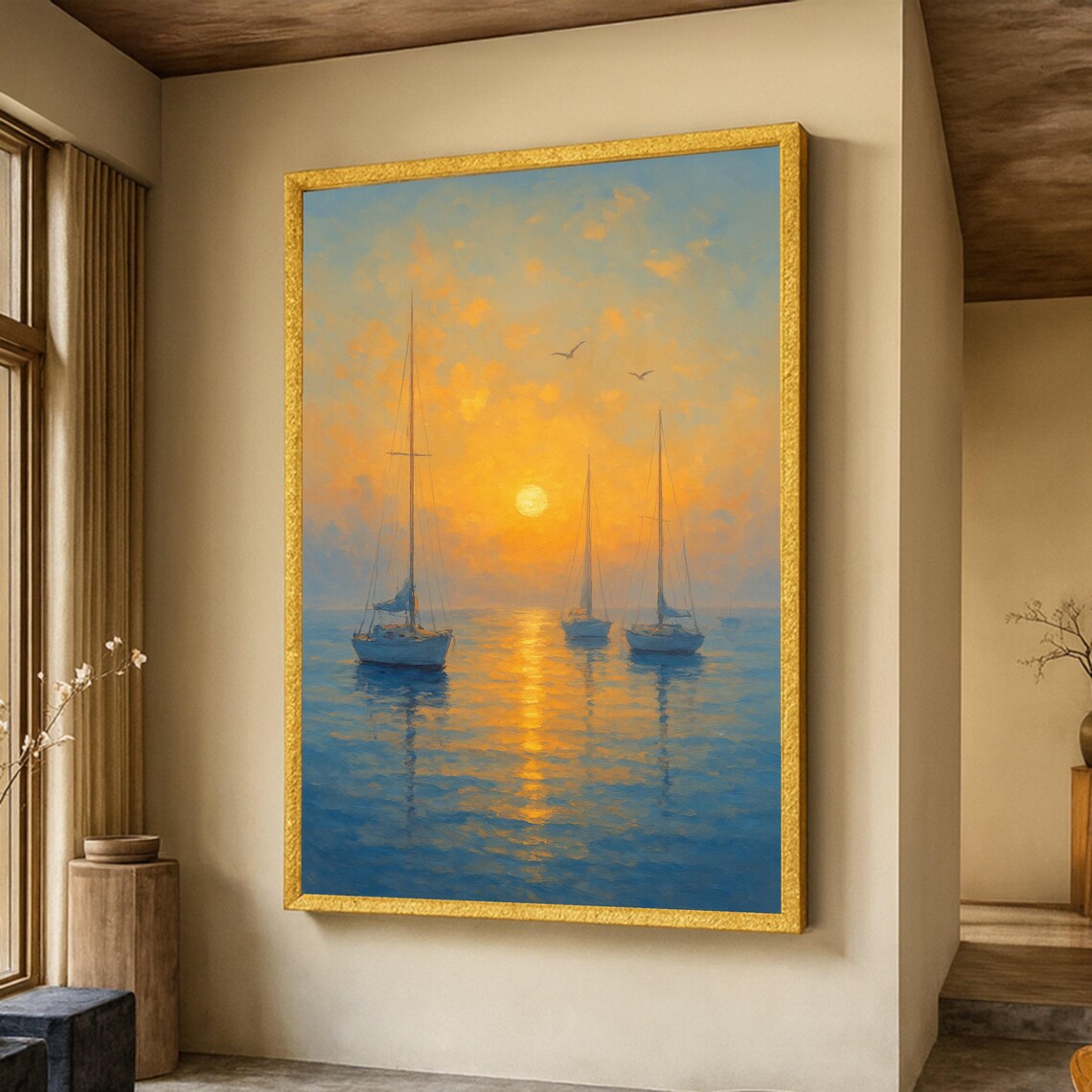 Tranquil Sunset Sailboats, Seascape Wall Art Print