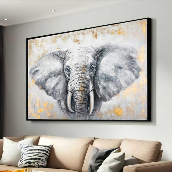 Elegant Elephant Canvas Print With Gold Accents Majestic Wildlife Art Monochrome And Abstract Painting For Modern Wall