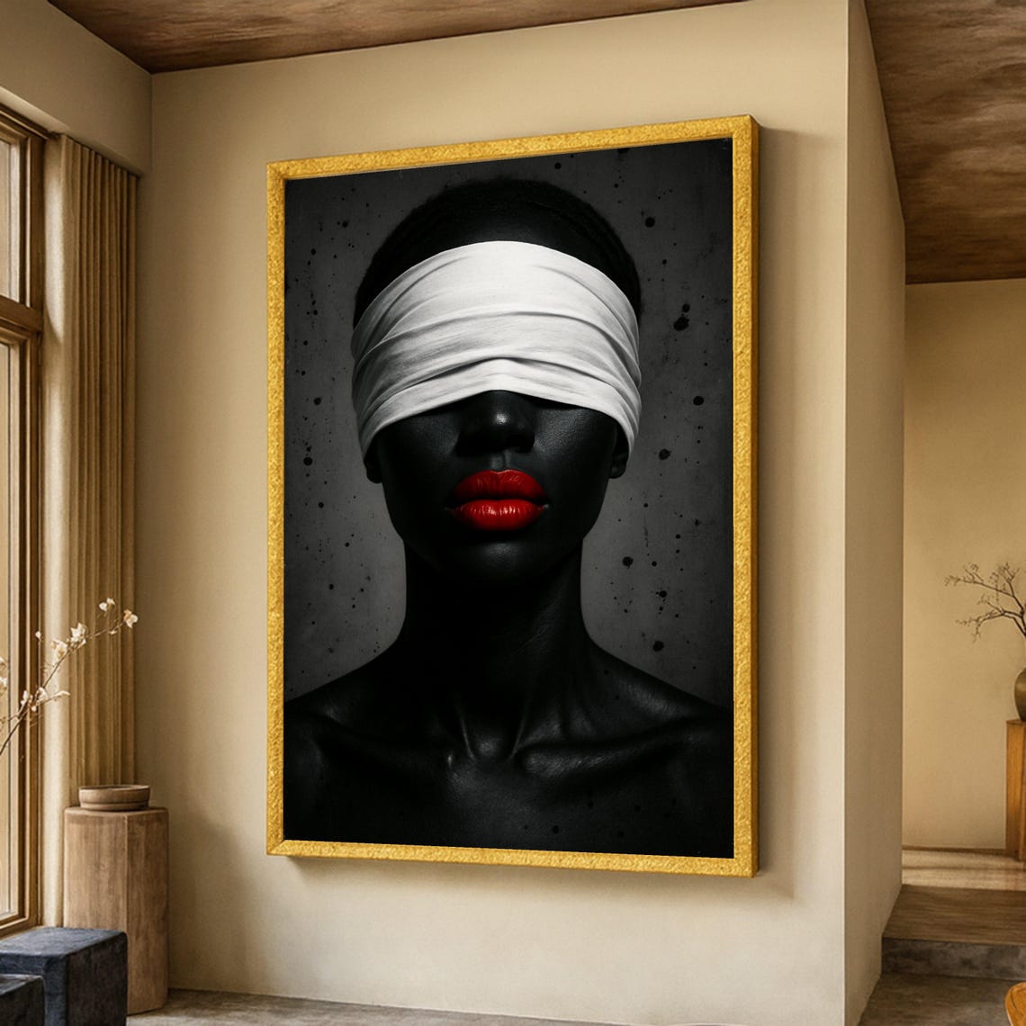 Blindfolded Woman Red Lips Bold Black White Conceptual Art Poster