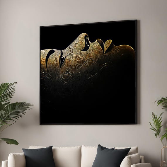 Abstract Face With Spiraling Golden Patterns, Minimalist Art