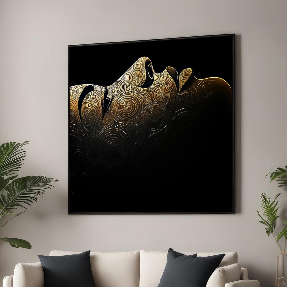Abstract Face With Spiraling Golden Patterns, Minimalist Art